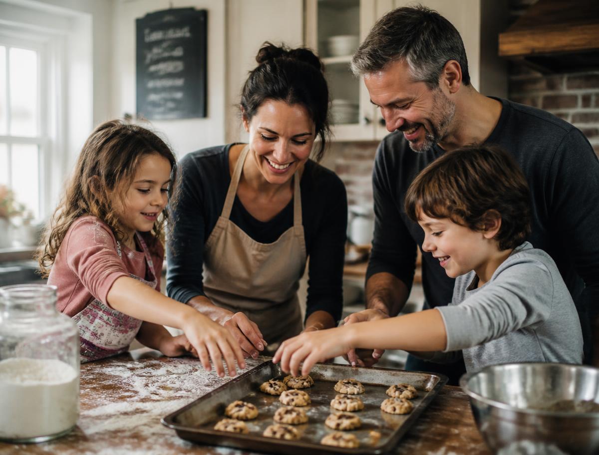 The Cookie Crew family baking cookies together in their kitchen